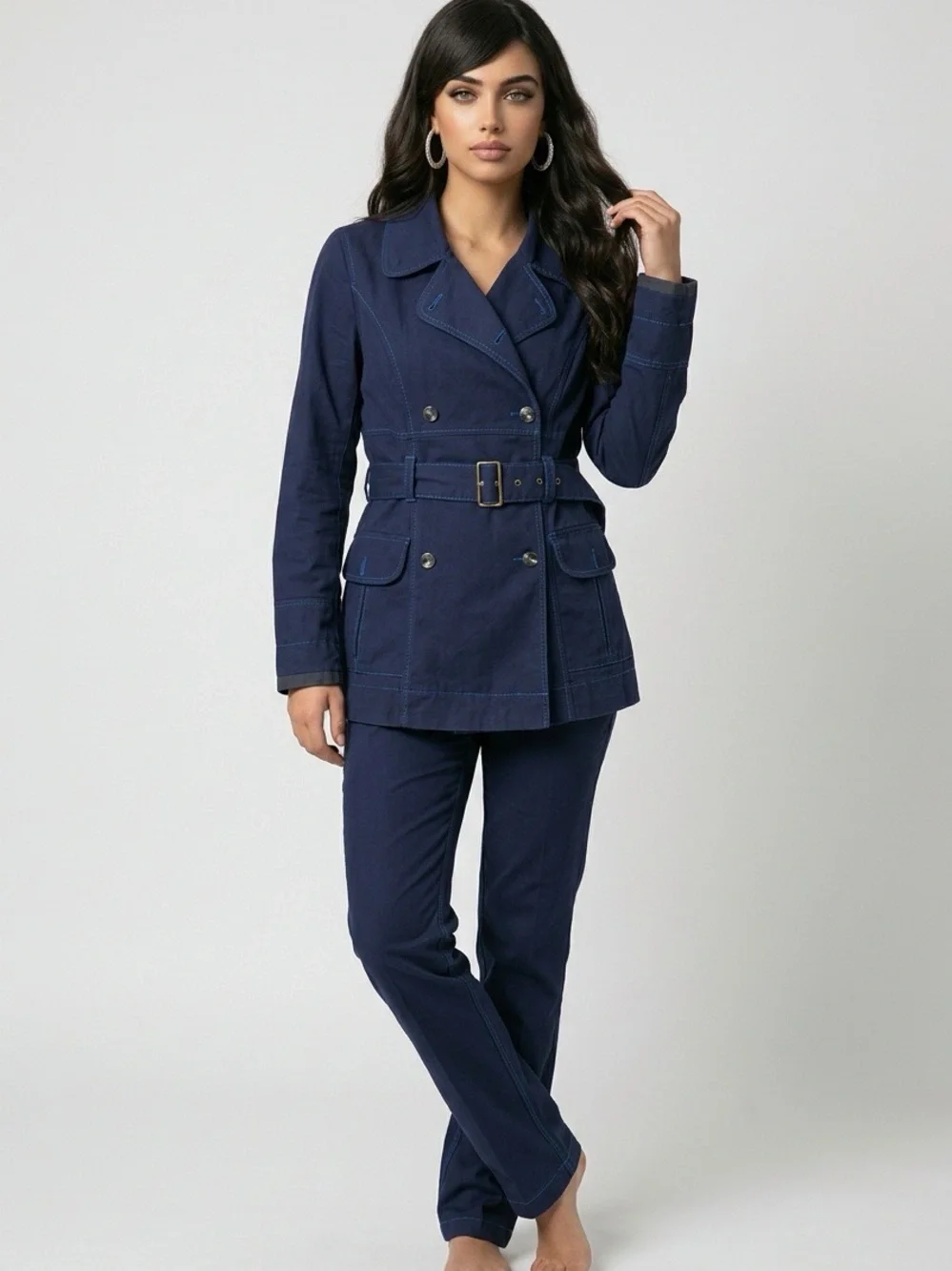 Free People Navy Double-Breasted Belted Trench